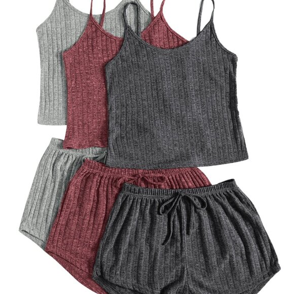 Ribbed Pajama Set Sleeveless Crop Top Tie Front Shorts Sleepwear